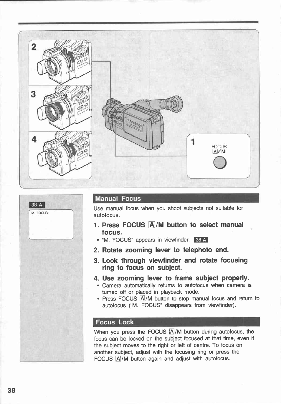 Manual focus, Press focus [^/m button to select manual focus, Rotate zooming lever to telephoto end | Use zooming lever to frame subject properly, Focus lock, Manual focus focus lock | Canon E 430 User Manual | Page 40 / 86