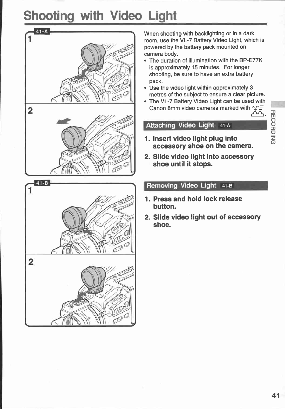 Shooting with video light, Attaching video light 4i-a, Press and hold lock release button | Slide video light out of accessory shoe, Attaching video light | Canon E 430 User Manual | Page 43 / 86