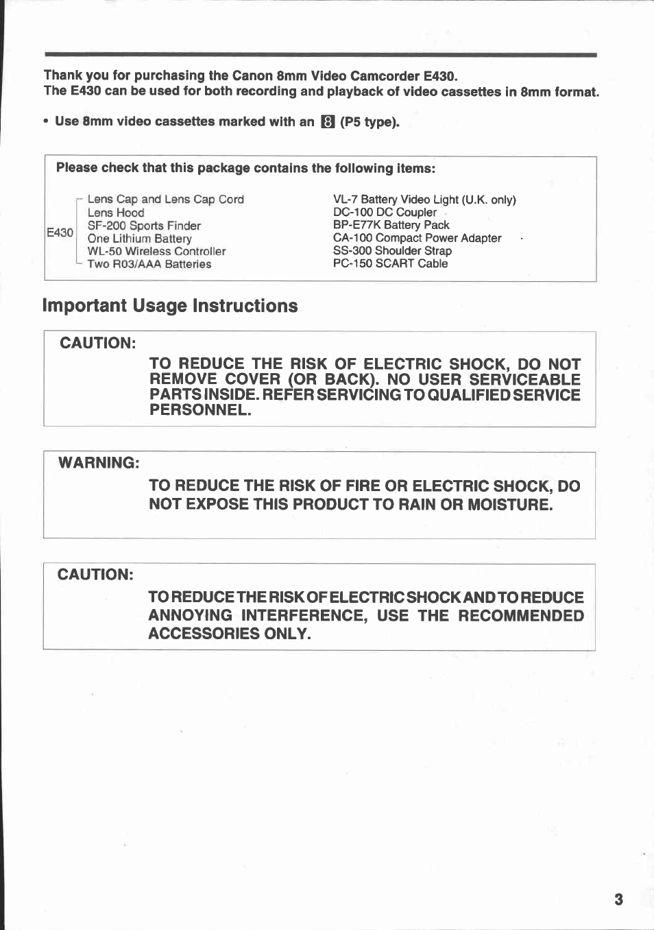 Important usage instructions | Canon E 430 User Manual | Page 5 / 86