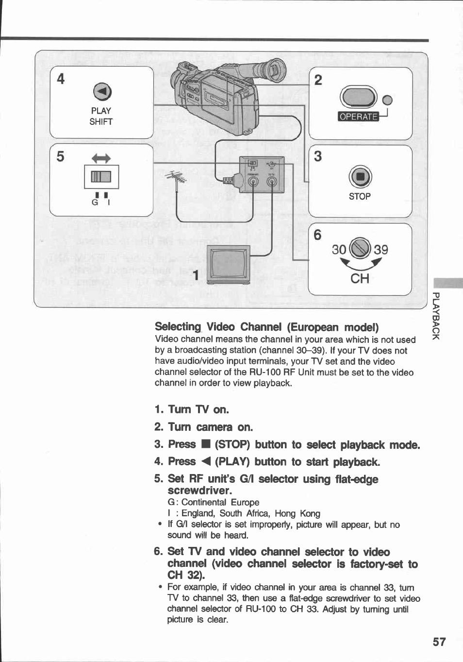 Selecting video channel (european model), Turn tv on, Turn camera on | Press ■ (stop) button to select playback mode, Press a (play) button to start playback | Canon E 430 User Manual | Page 59 / 86