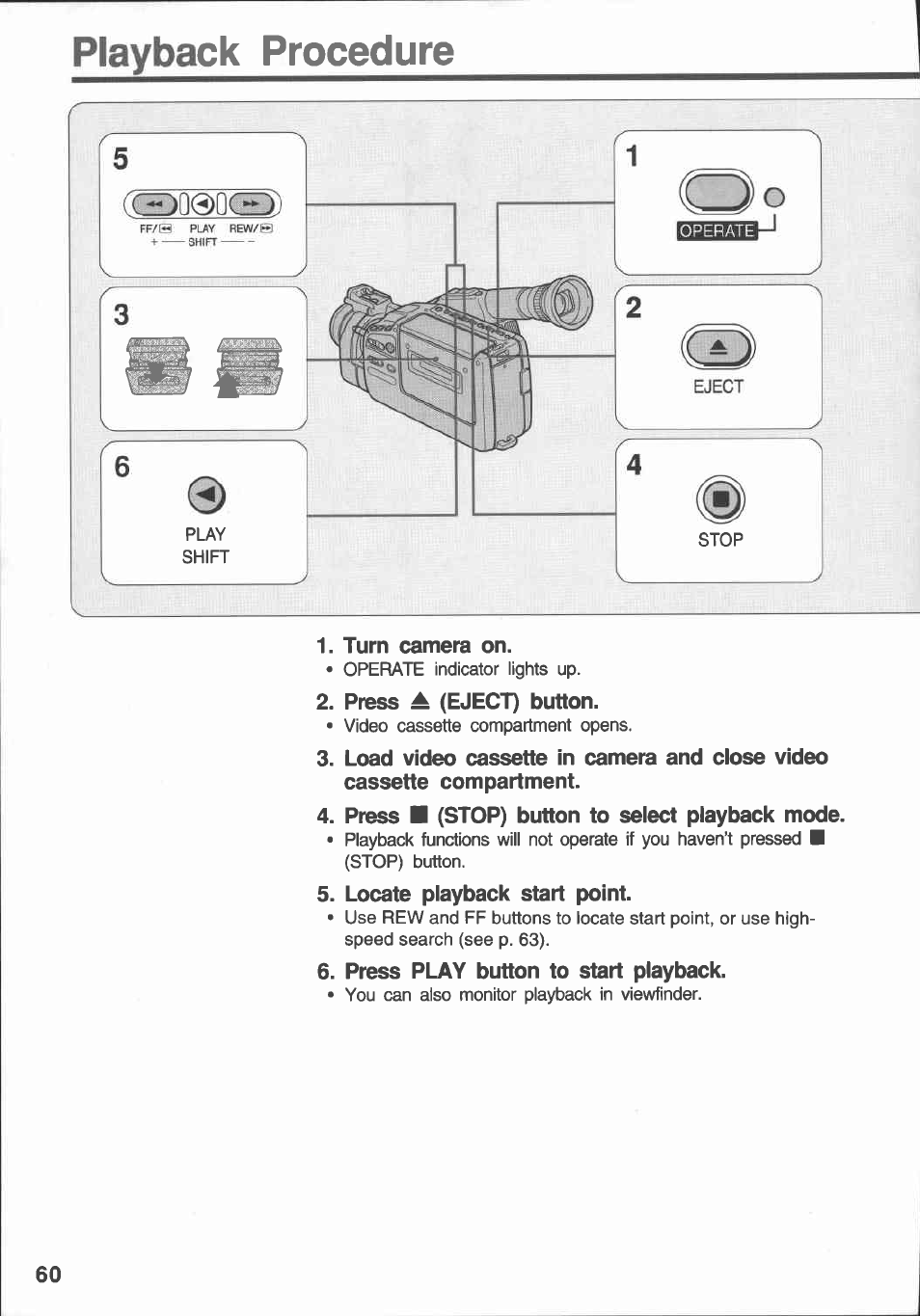 Playback procedure, Turn camera on, Press a (eject) button | Press ■ (stop) button to seiect piayback mode, Locate piayback start point, Press play button to start playback, Piayback procedure | Canon E 430 User Manual | Page 62 / 86