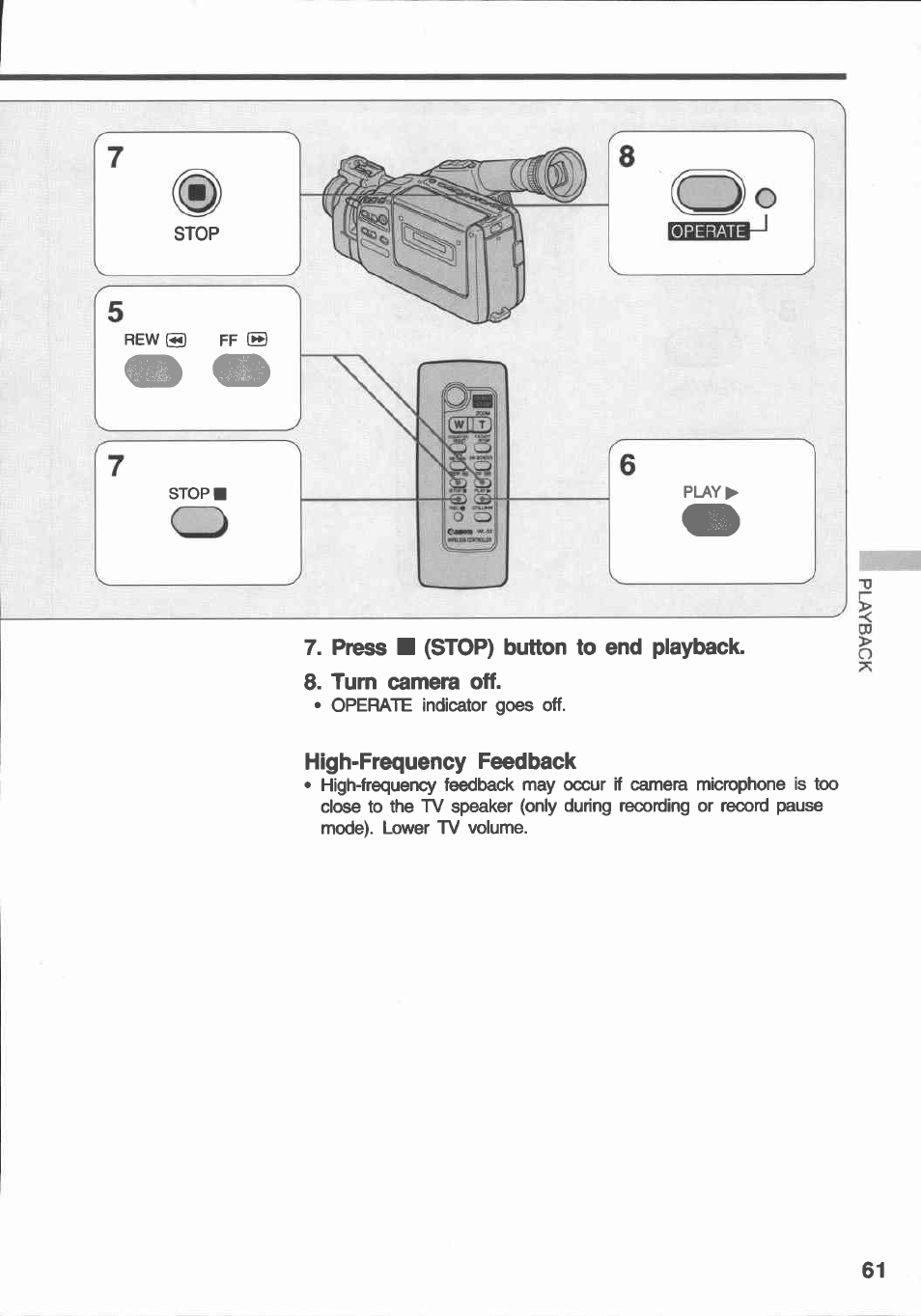 Press ■ (stop) button to end playback, Turn camera off, High-frequency feedback | Canon E 430 User Manual | Page 63 / 86