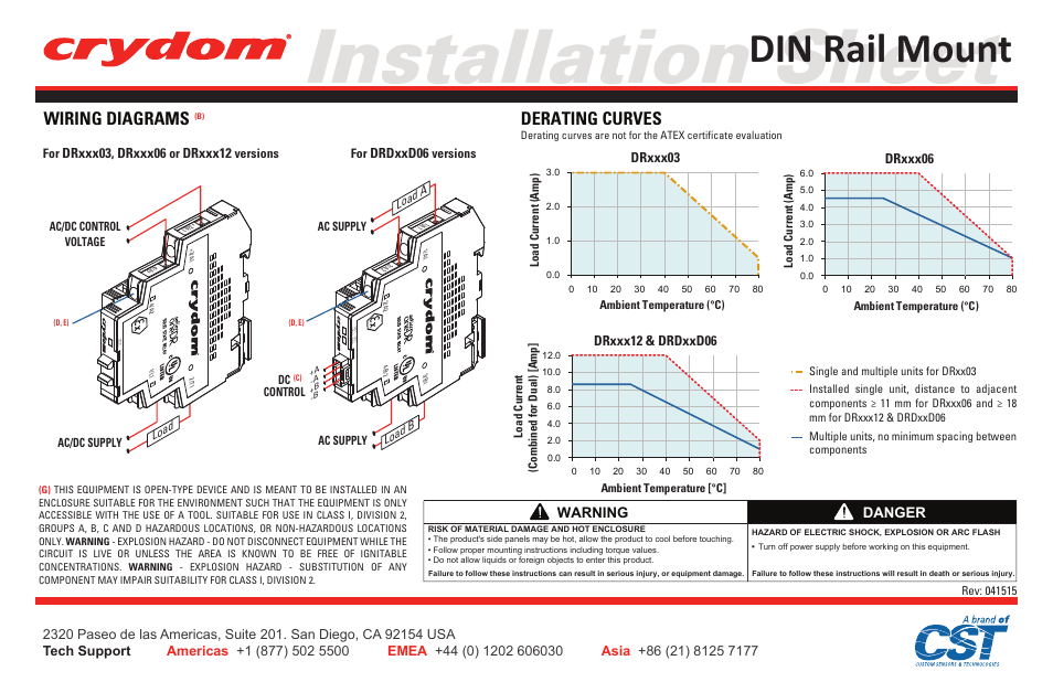 Installation sheet, Din rail mount, Wiring diagrams | Derating curves, Warning, Danger | Crydom One DR Series ATEX User Manual | Page 2 / 2