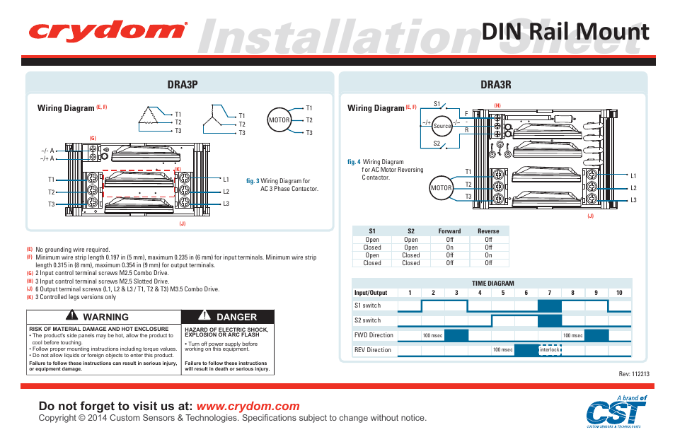 Installation sheet, Din rail mount, Dra3r dra3p | Warning, Danger | Crydom DRA Series Contactors User Manual | Page 2 / 2