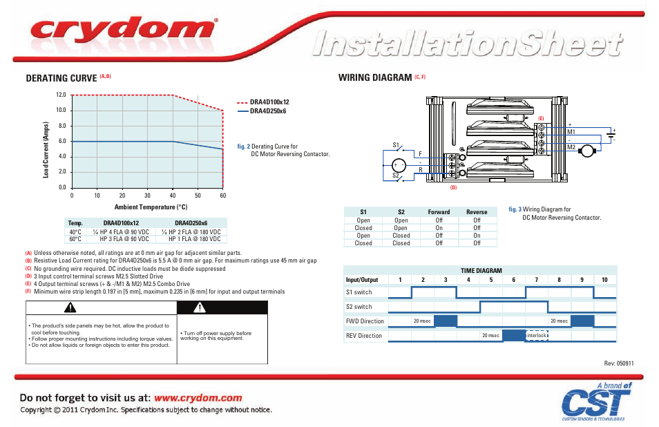 Is_drc_dc_2, Wiring diagram, Derating curve | Warning, Danger | Crydom DRA Series Contactors User Manual | Page 2 / 2