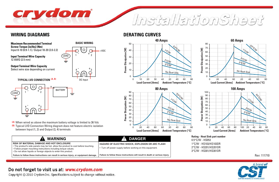Is_lvd_2, Derating curves wiring diagrams, Warning | Danger, 40 amps, 60 amps, 80 amps, 100 amps | Crydom LVD Series User Manual | Page 2 / 2
