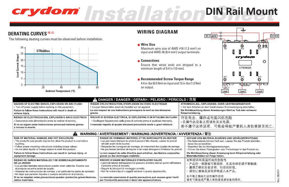 Installation sheet, Din rail mount, Derating curves | Wiring diagram | Crydom CTR Series User Manual | Page 2 / 2