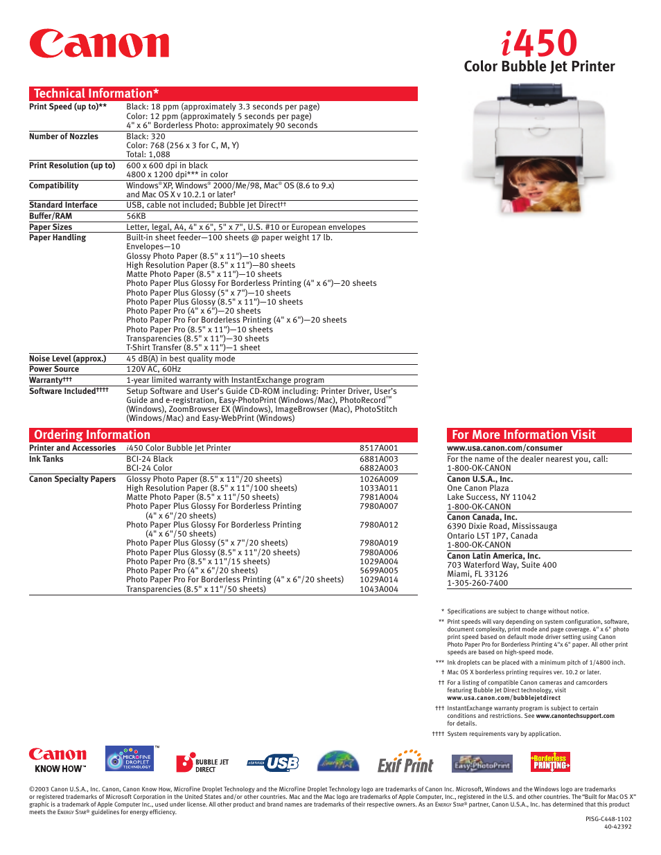 I 450, Color bubble jet printer, For more information visit | Technical information, Ordering information | Canon COLOR BUBBLE JET PRINTER I450 User Manual | Page 2 / 2
