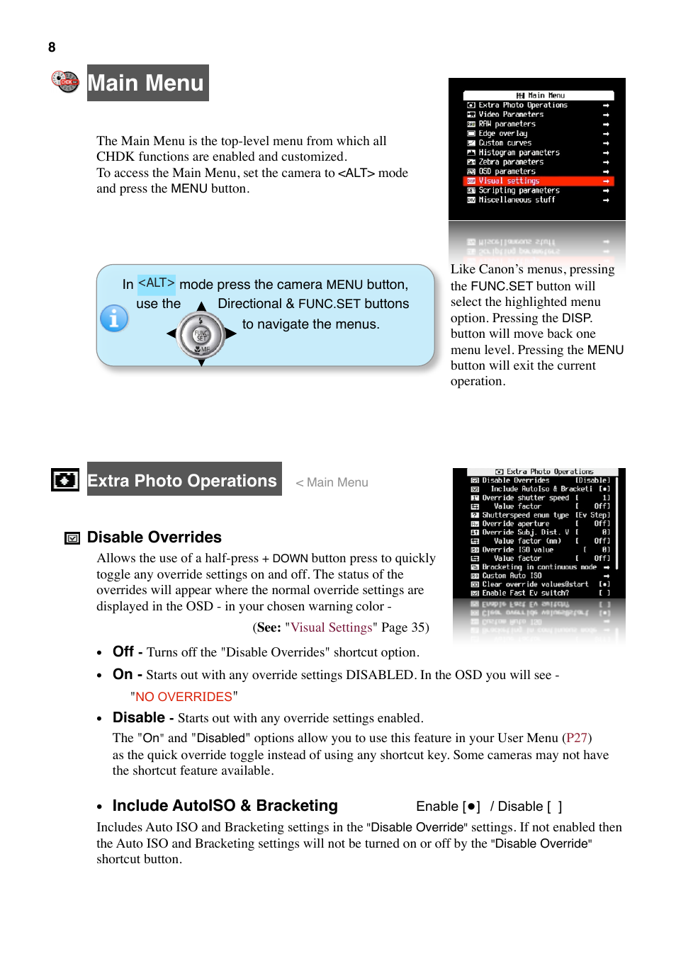 Main menu, Extra photo operations | Canon CHDK User Manual | Page 10 / 76