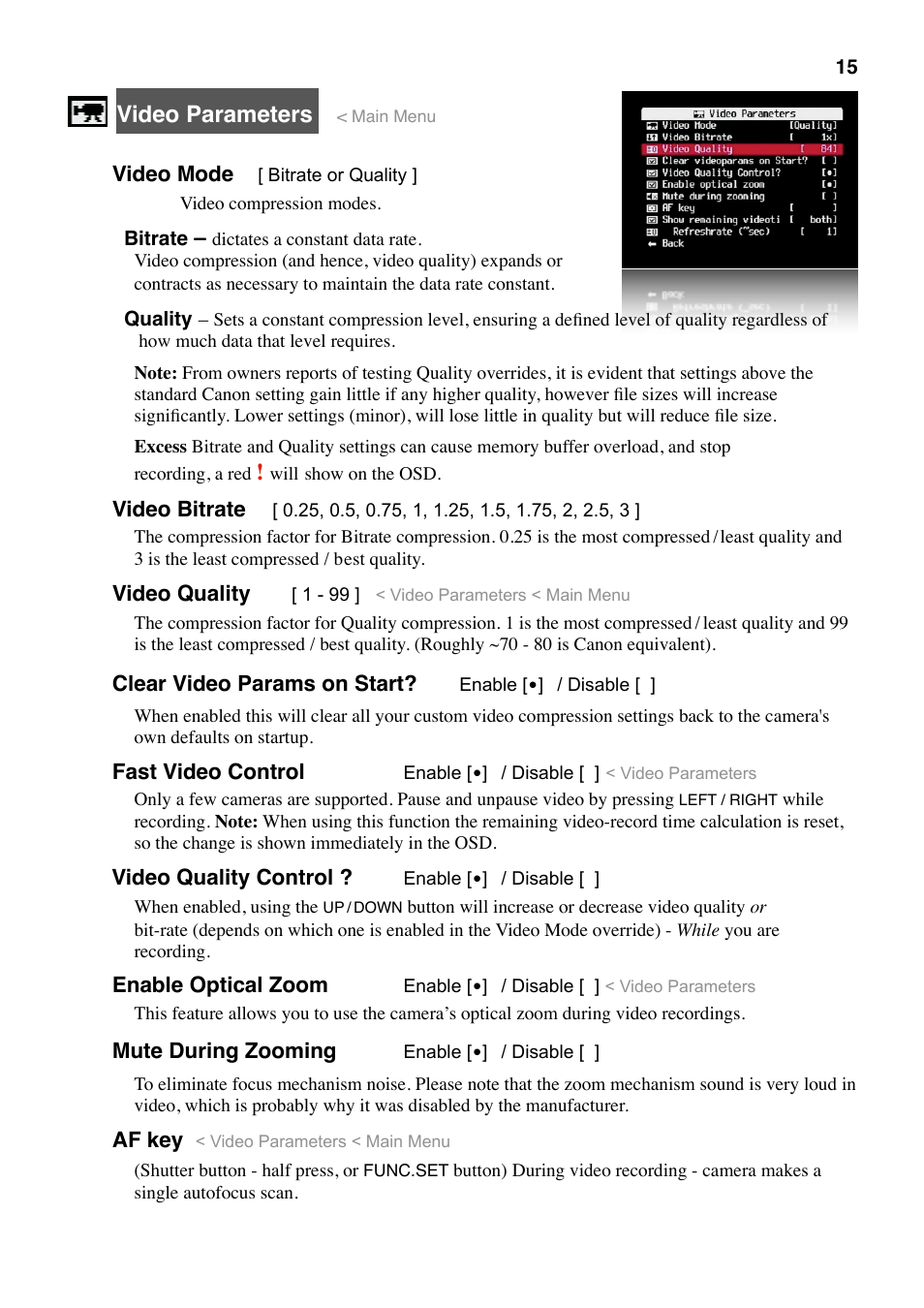 Video parameters | Canon CHDK User Manual | Page 17 / 76