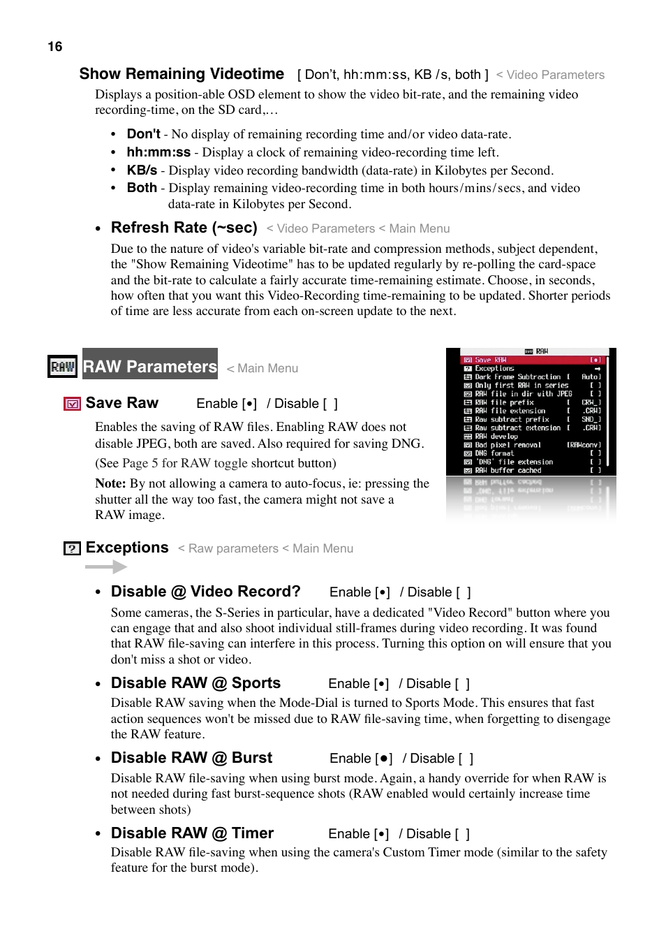 Raw parameters | Canon CHDK User Manual | Page 18 / 76