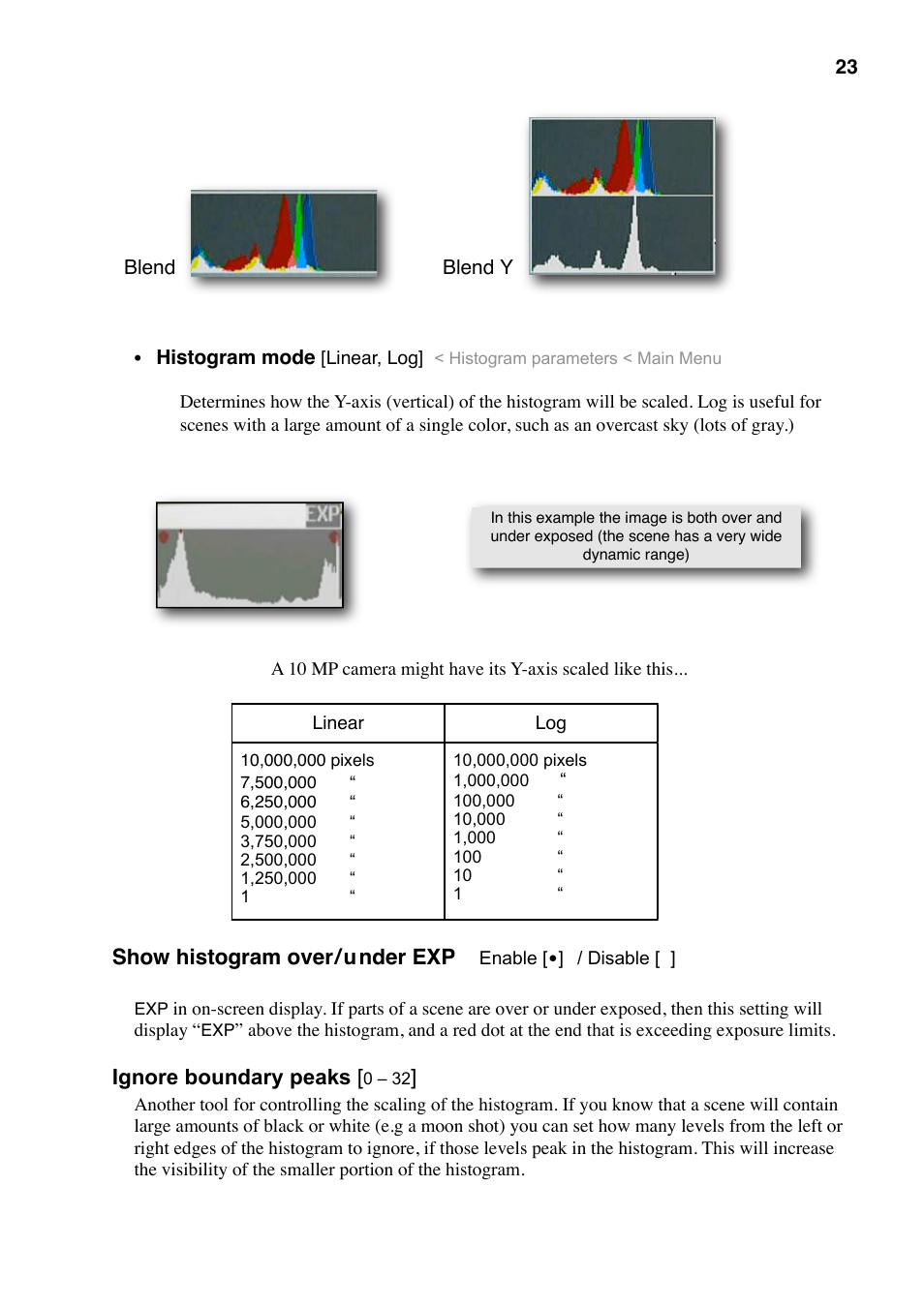 Show histogram over/under exp, Ignore boundary peaks | Canon CHDK User Manual | Page 25 / 76