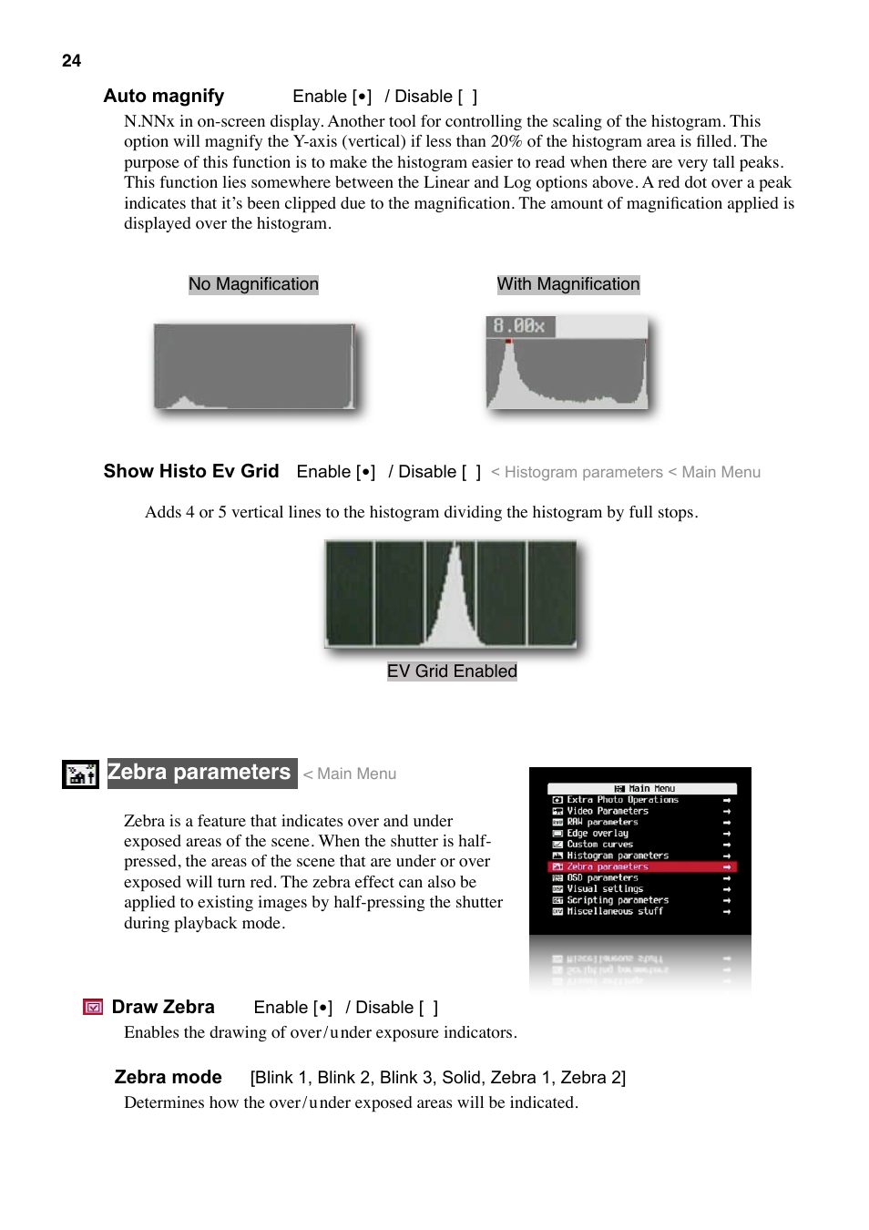 Zebra parameters | Canon CHDK User Manual | Page 26 / 76