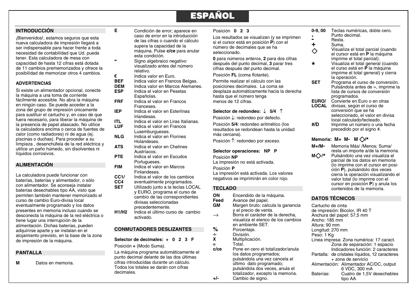 Español | Curta Olivetti Gioconda with printer User Manual | Page 10 / 12