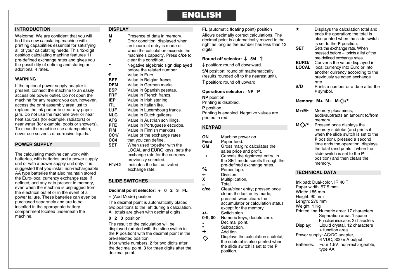 English | Curta Olivetti Gioconda with printer User Manual | Page 7 / 12
