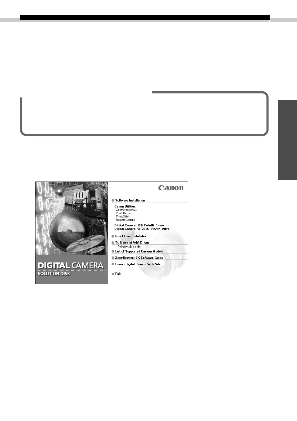Installing/uninstalling the software | Canon D I G I T A L C A M E R A CDI-E019-010 User Manual | Page 11 / 108