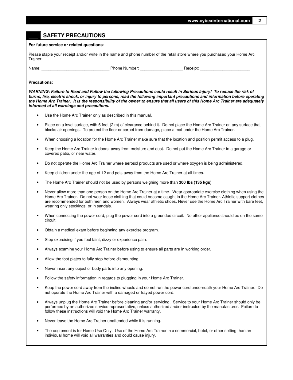 Safety precautions | Cybex 360A Arc Trainer User Manual | Page 2 / 48