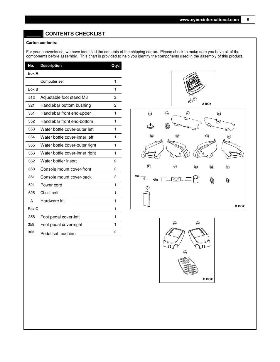 Contents checklist | Cybex 360A Arc Trainer User Manual | Page 9 / 48