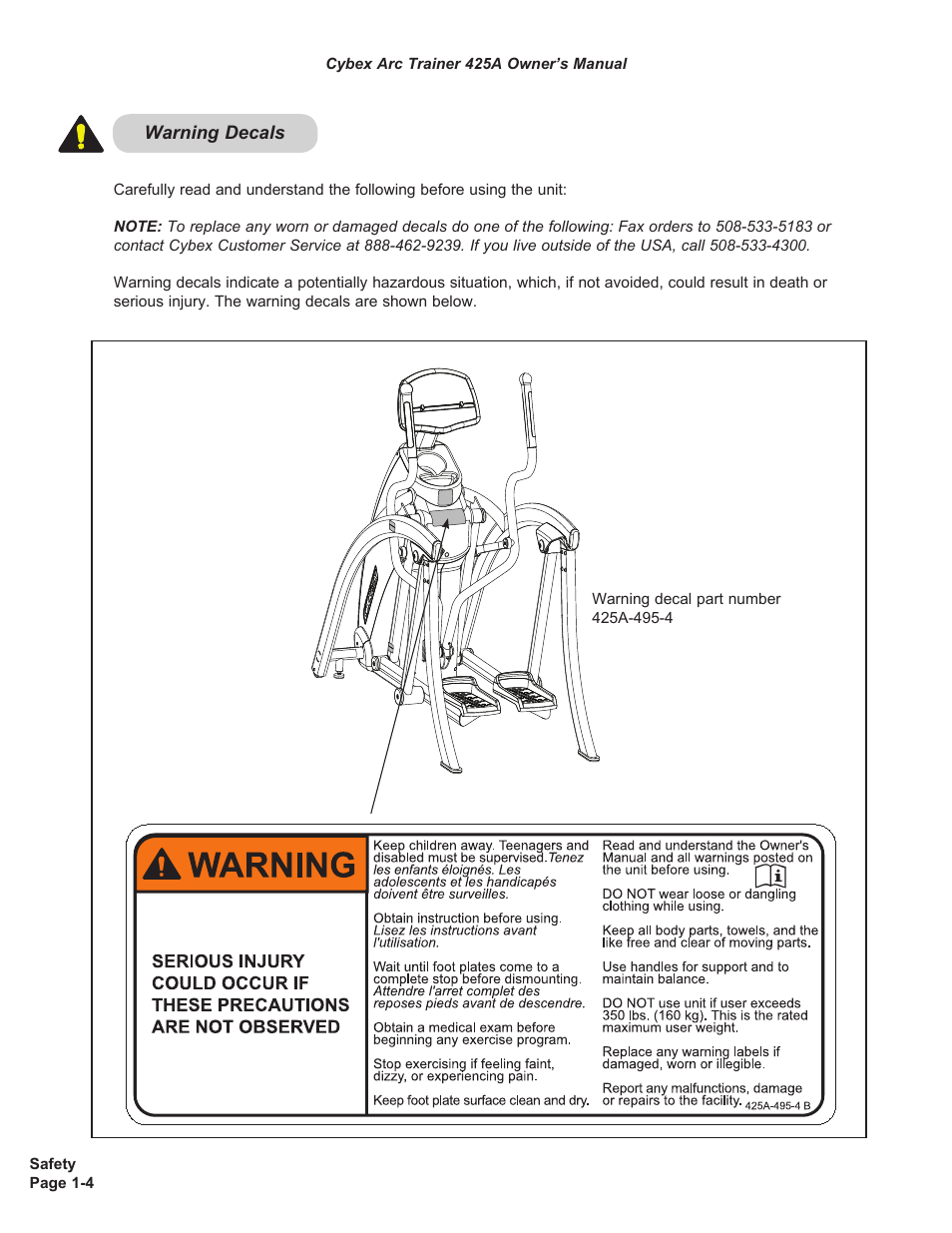 Warning, Warning decal, Owatonna | Warning decals | Cybex 425A Arc Trainer User Manual | Page 12 / 64