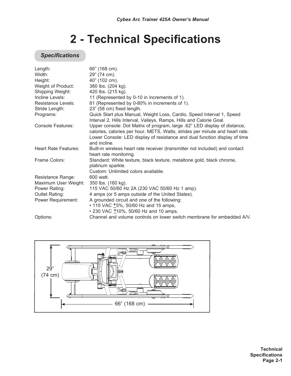 2 - technical specifications | Cybex 425A Arc Trainer User Manual | Page 15 / 64