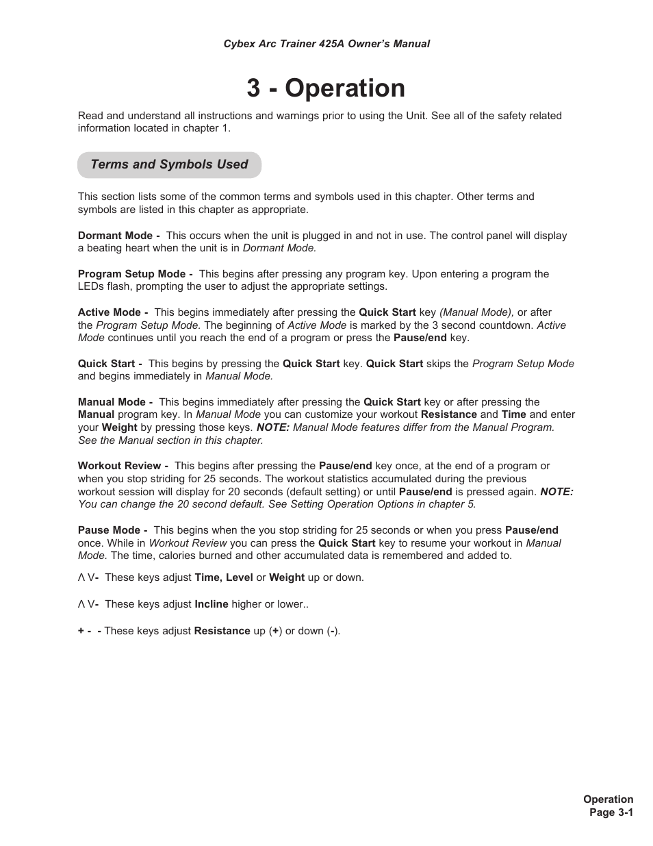 3 - operation | Cybex 425A Arc Trainer User Manual | Page 17 / 64