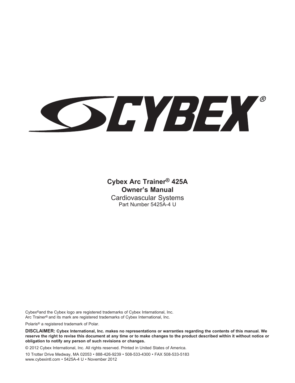 Cybex arc trainer, 425a owner’s manual cardiovascular systems | Cybex 425A Arc Trainer User Manual | Page 3 / 64