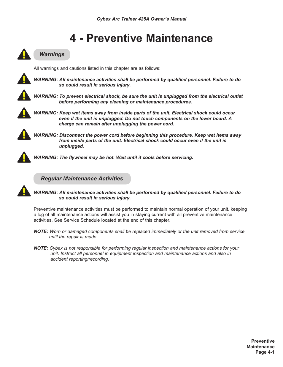 4 - preventive maintenance | Cybex 425A Arc Trainer User Manual | Page 43 / 64