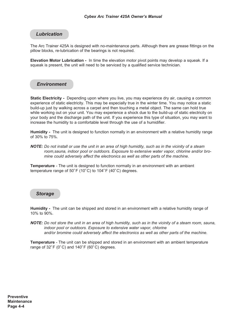 Lubrication, Environment, Storage | Cybex 425A Arc Trainer User Manual | Page 46 / 64