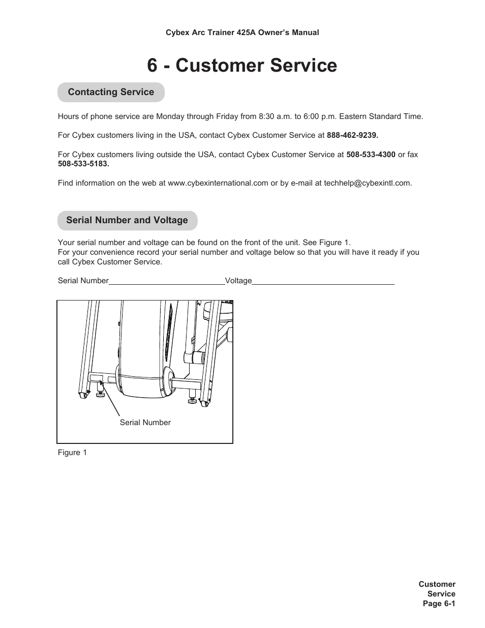 6 - customer service | Cybex 425A Arc Trainer User Manual | Page 59 / 64