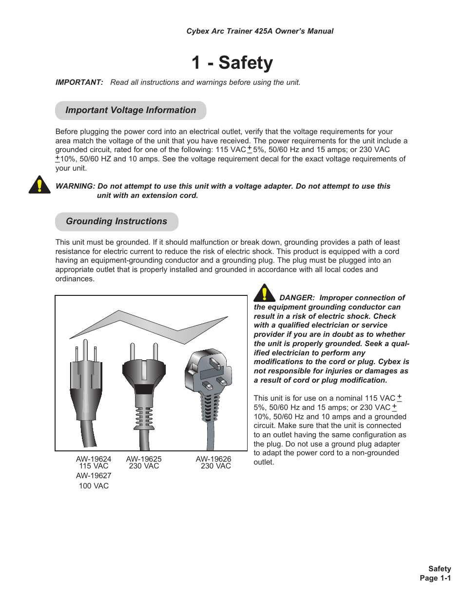 1 - safety | Cybex 425A Arc Trainer User Manual | Page 9 / 64