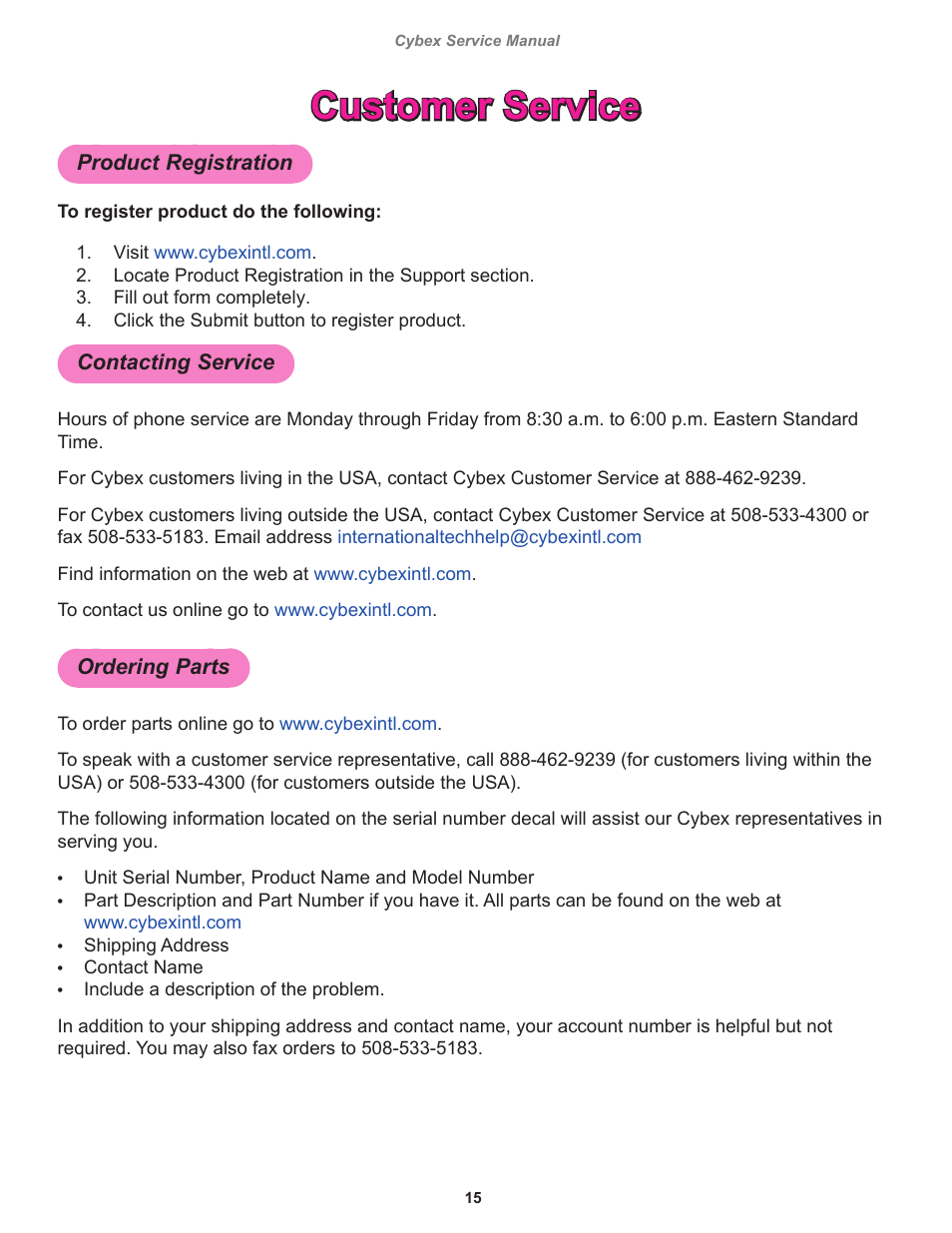 Customer service | Cybex 525AT Arc Trainer User Manual | Page 15 / 74