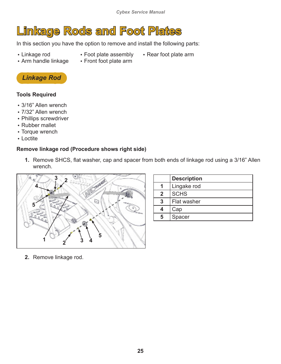 Linkage rods and foot plates | Cybex 525AT Arc Trainer User Manual | Page 25 / 74