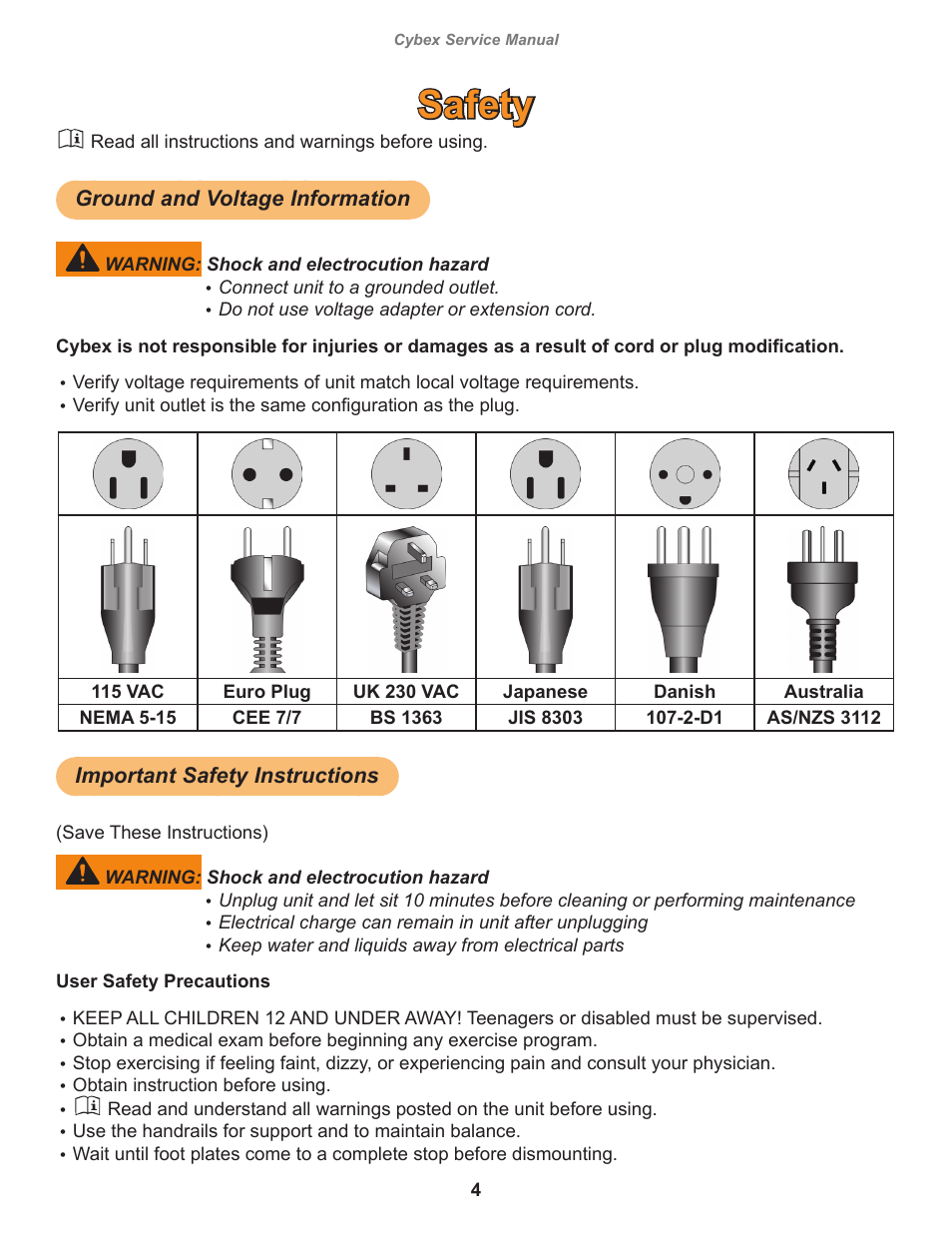 Safety | Cybex 525AT Arc Trainer User Manual | Page 4 / 74