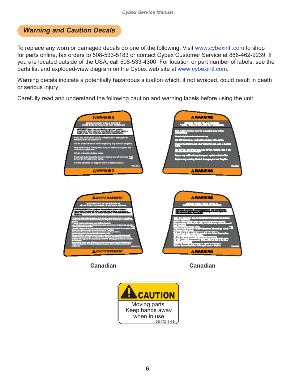 Caution, Warning and caution decals, Owatonna | Moving parts. keep hands away when in use | Cybex 525AT Arc Trainer User Manual | Page 6 / 74