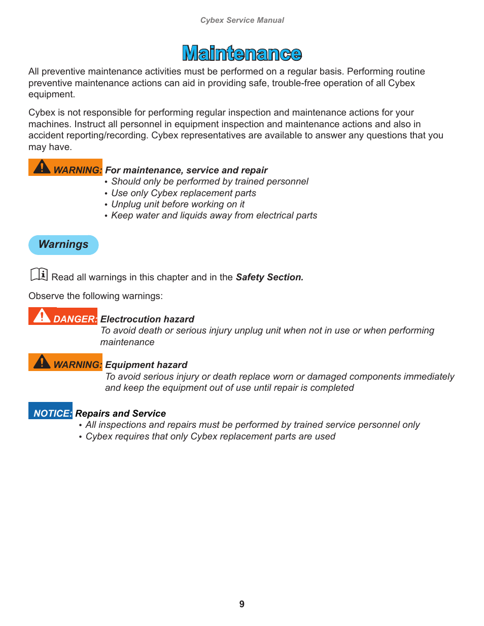 Maintenance | Cybex 525AT Arc Trainer User Manual | Page 9 / 74