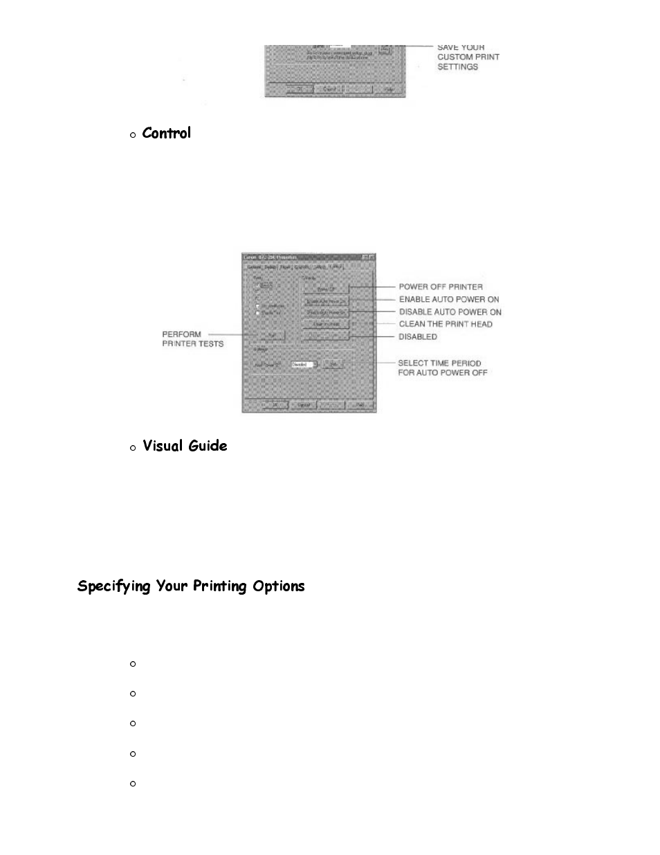 Specifying your printing options, Rqwuro, 9lvxdo *xlgh | 6shfli\lqj <rxu 3ulqwlqj 2swlrqv | Canon HC-4200 User Manual | Page 16 / 82