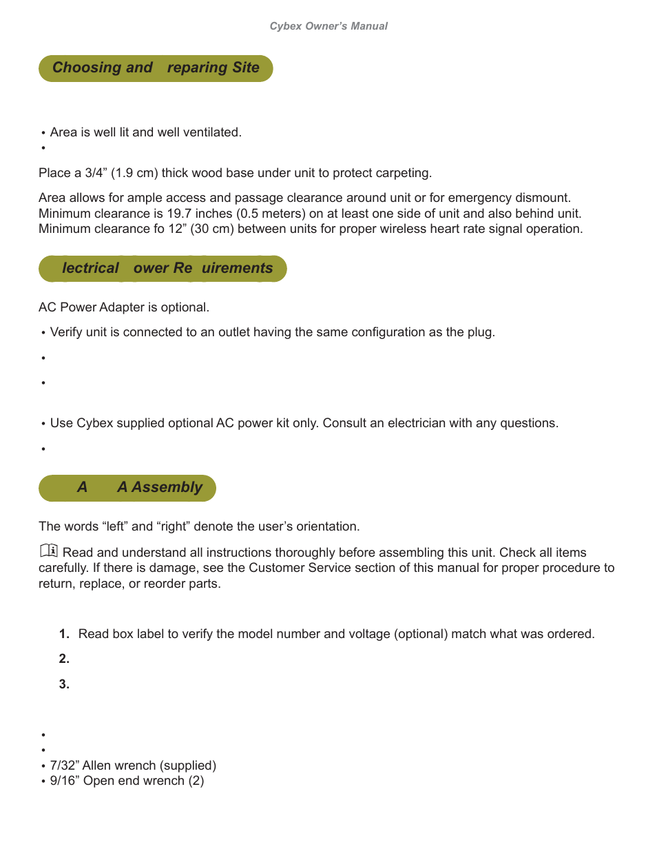 Choosing and reparing site, Lectrical ower re uirements, Aa assembly | Cybex 626A Arc Trainer User Manual | Page 13 / 94