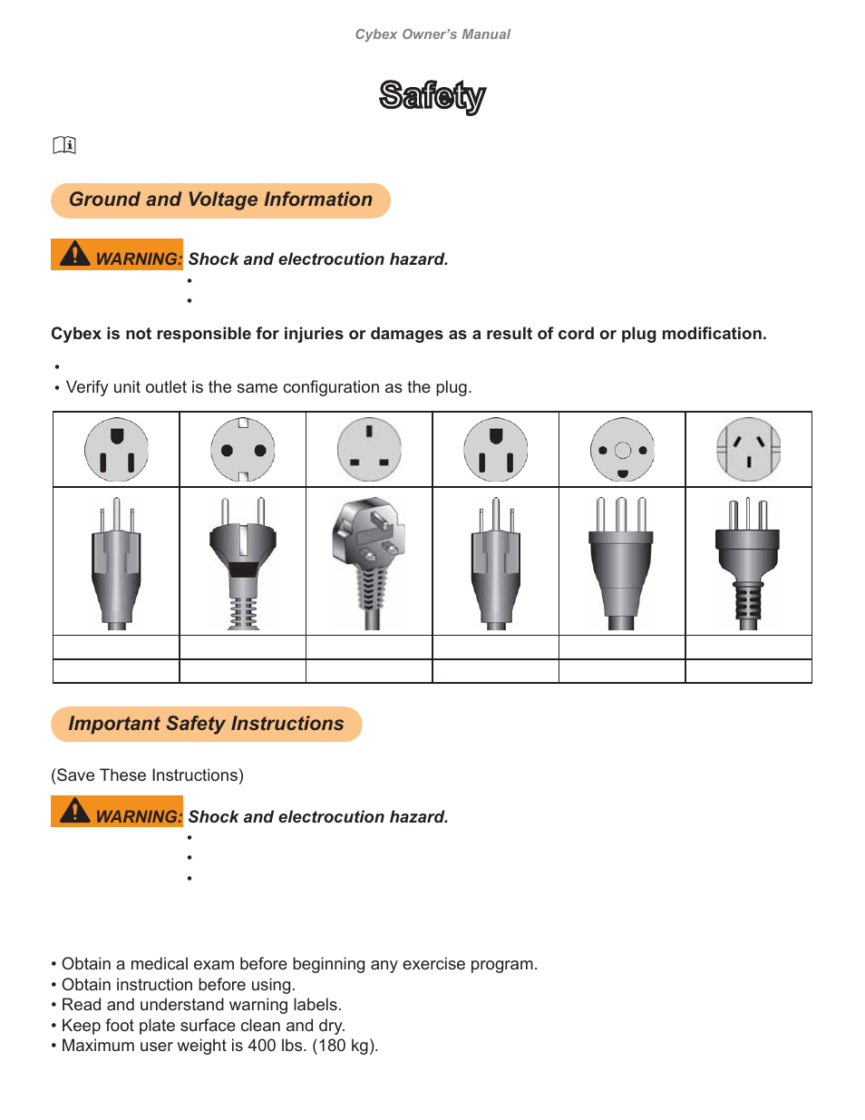 Safety | Cybex 626A Arc Trainer User Manual | Page 4 / 94