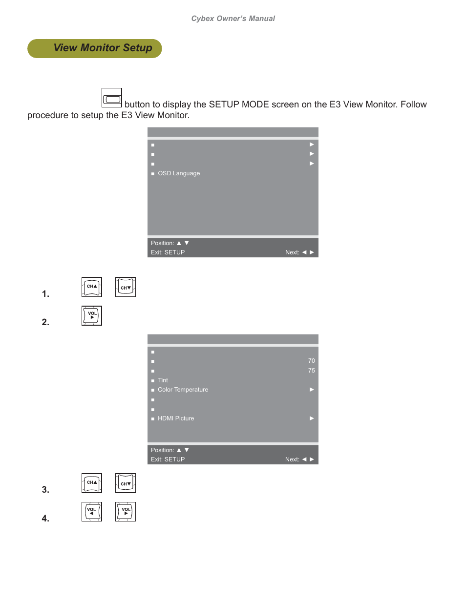 View monitor setup, Access setup screen press the setup | Cybex 626A Arc Trainer User Manual | Page 50 / 94