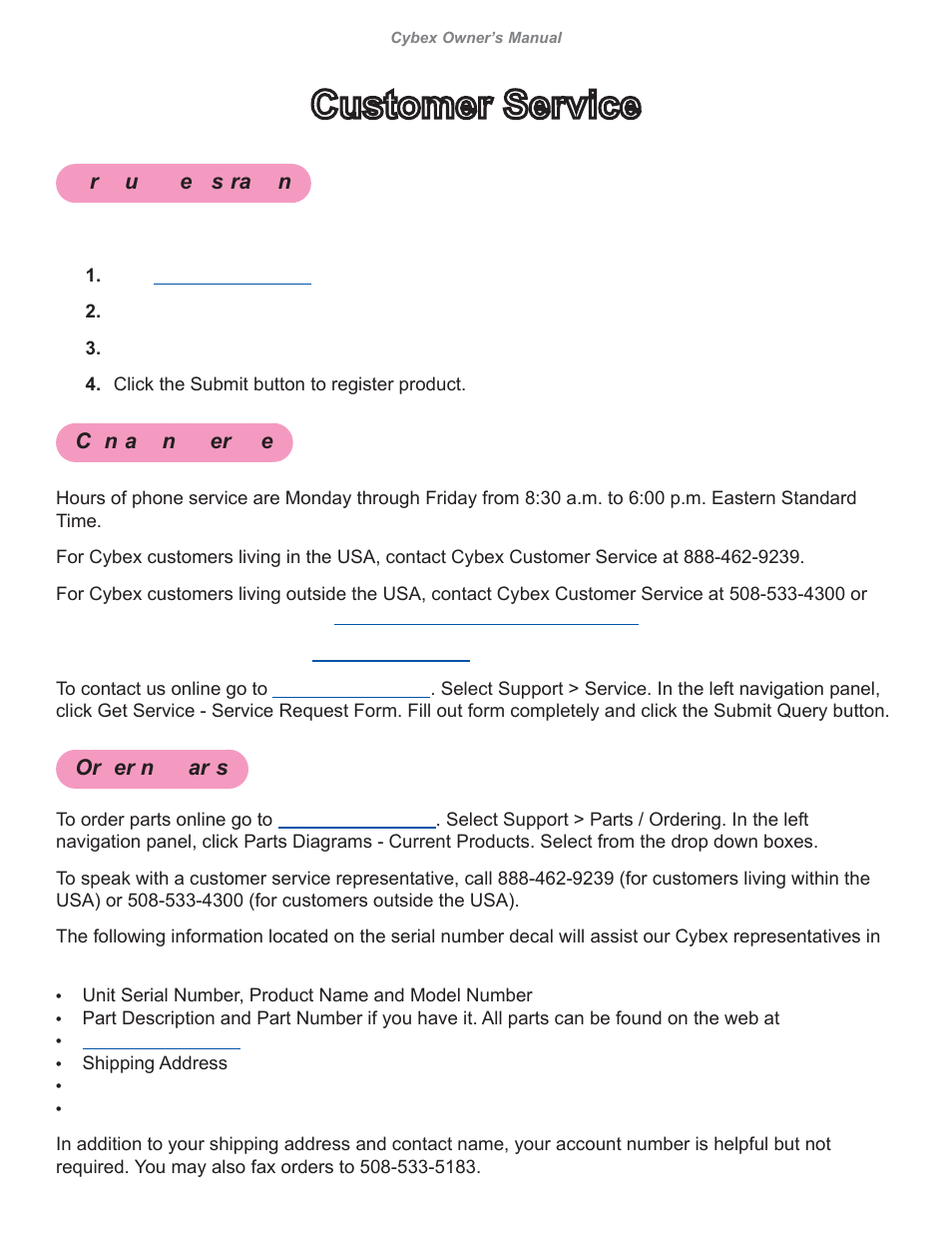 Customer service | Cybex 626A Arc Trainer User Manual | Page 79 / 94