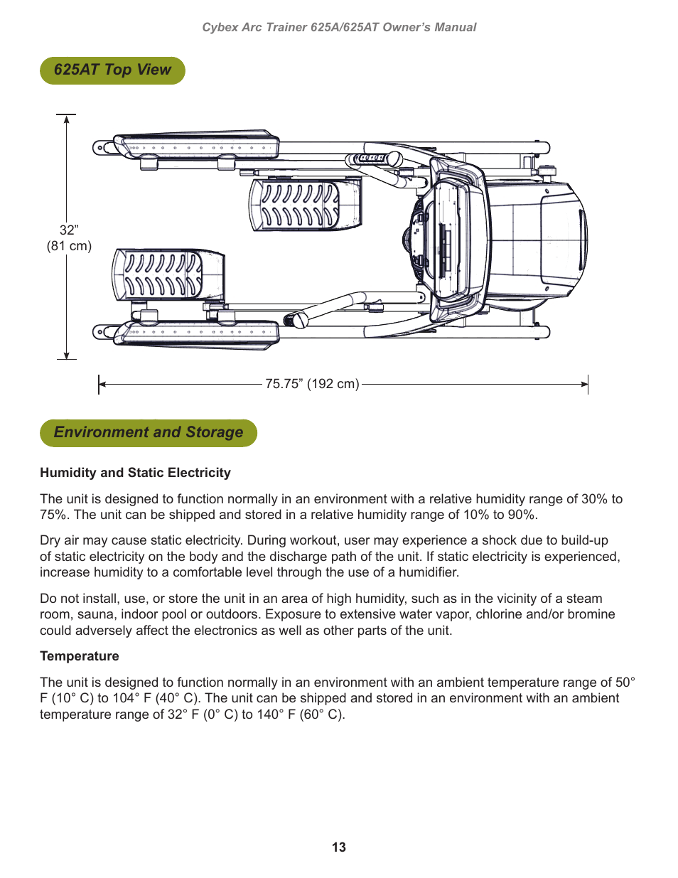 625at top view, Environment and storage | Cybex 625A Arc Trainer User Manual | Page 13 / 94