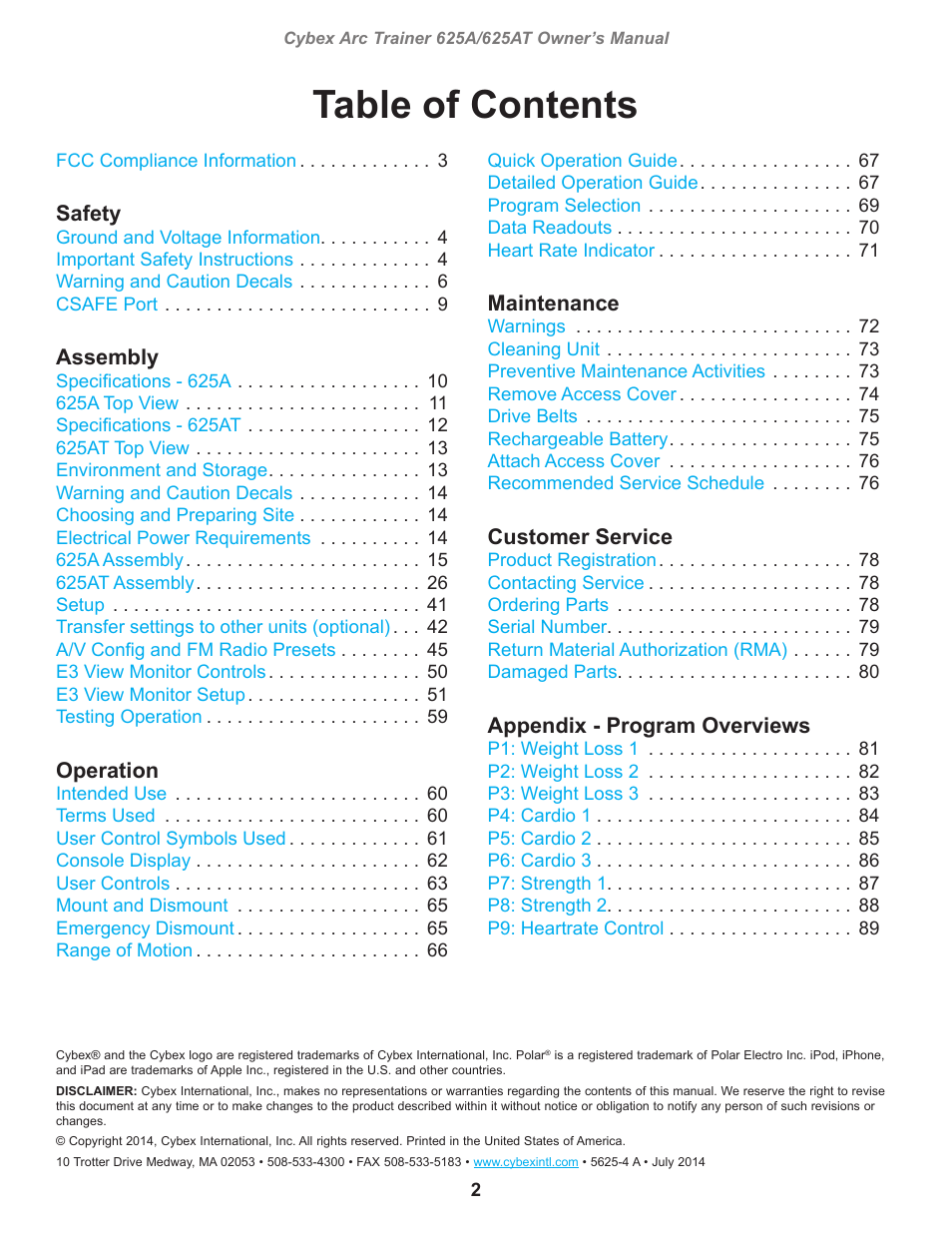Cybex 625A Arc Trainer User Manual | Page 2 / 94