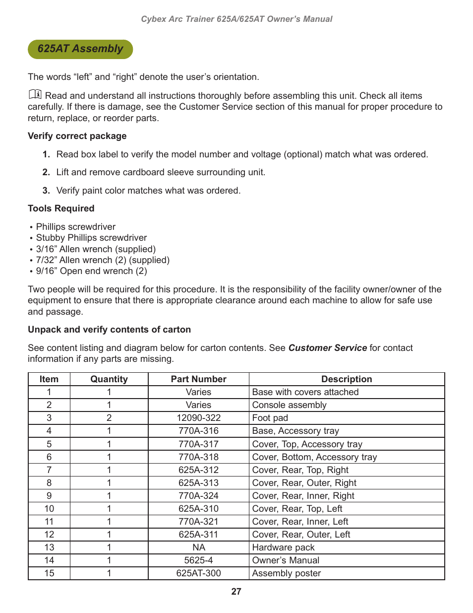 Cybex 625A Arc Trainer User Manual | Page 27 / 94