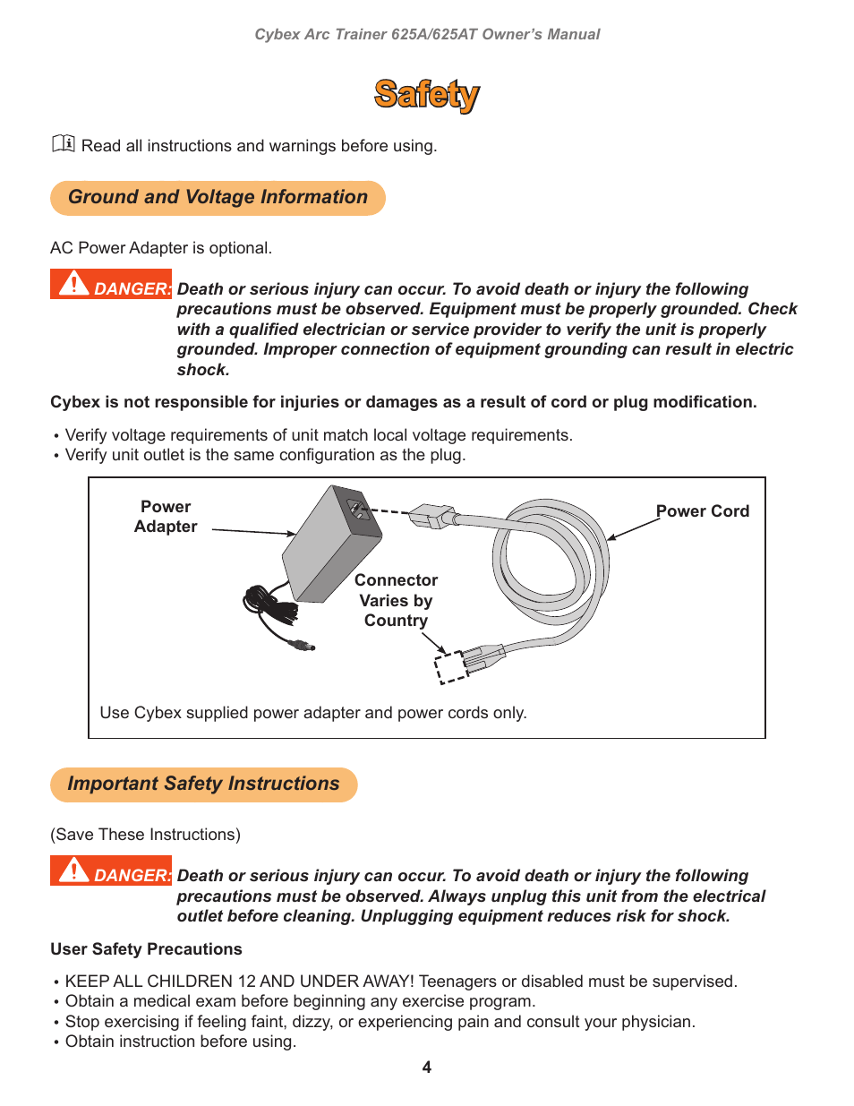 Safety, Ground and voltage information, Important safety instructions | Cybex 625A Arc Trainer User Manual | Page 4 / 94