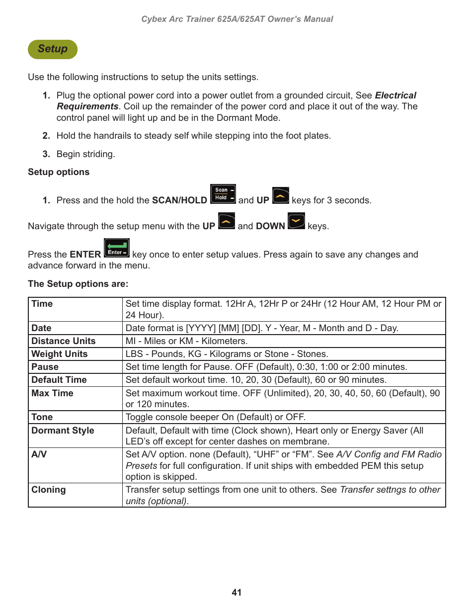 Setup | Cybex 625A Arc Trainer User Manual | Page 41 / 94