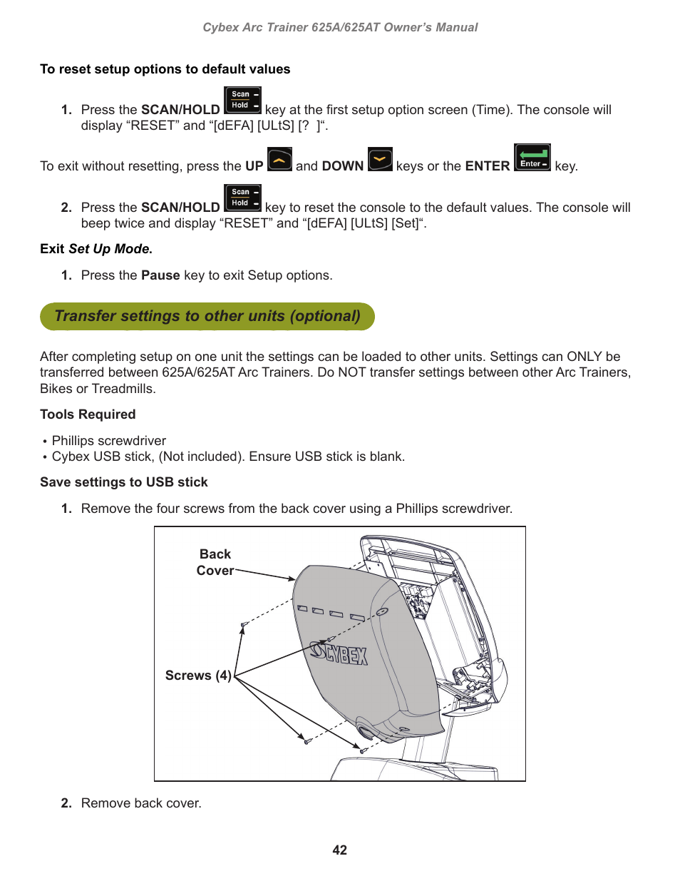 Transfer settings to other units (optional) | Cybex 625A Arc Trainer User Manual | Page 42 / 94