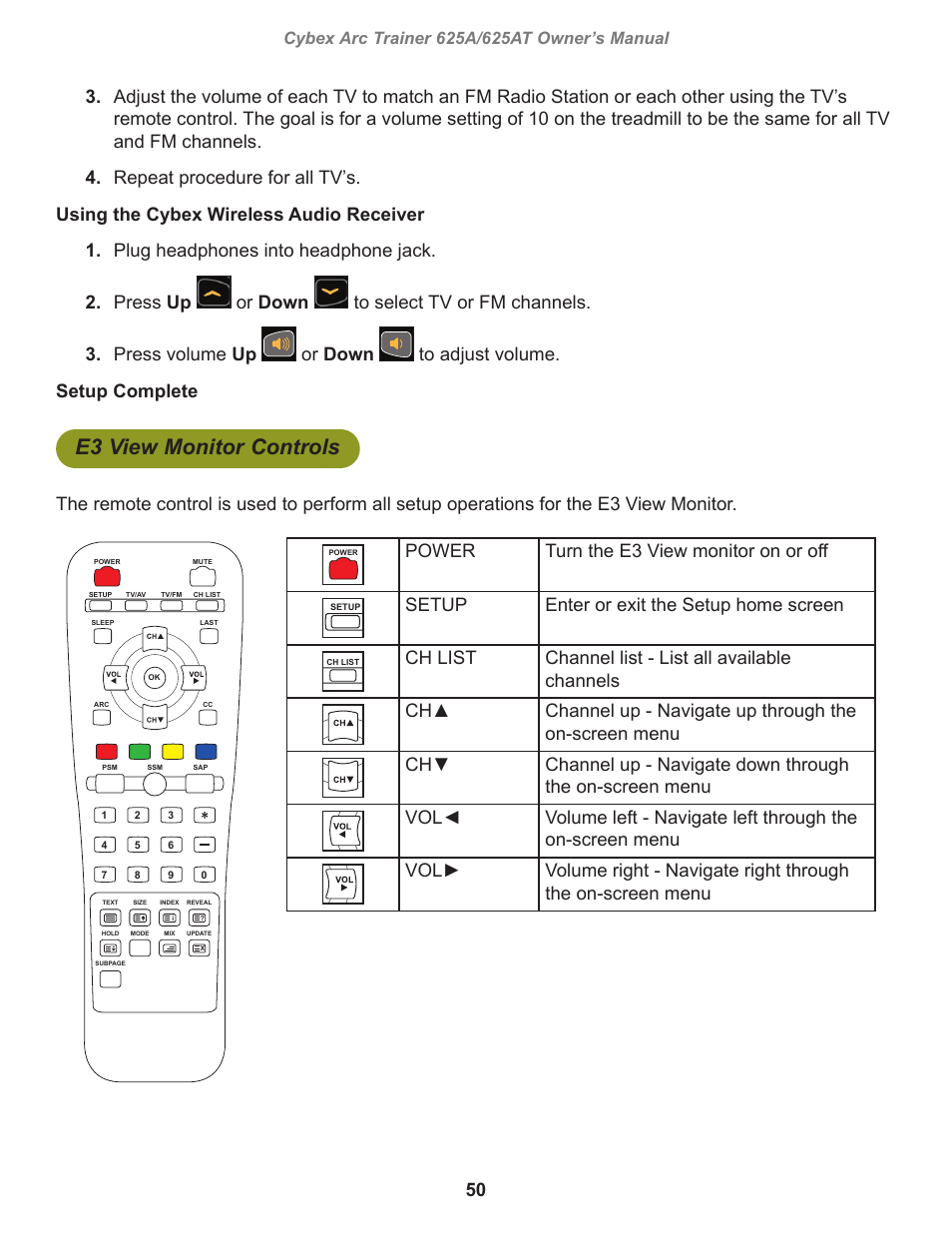 E3 view monitor controls, Power turn the e3 view monitor on or off, Setup enter or exit the setup home screen | Ch list channel list - list all available channels | Cybex 625A Arc Trainer User Manual | Page 50 / 94