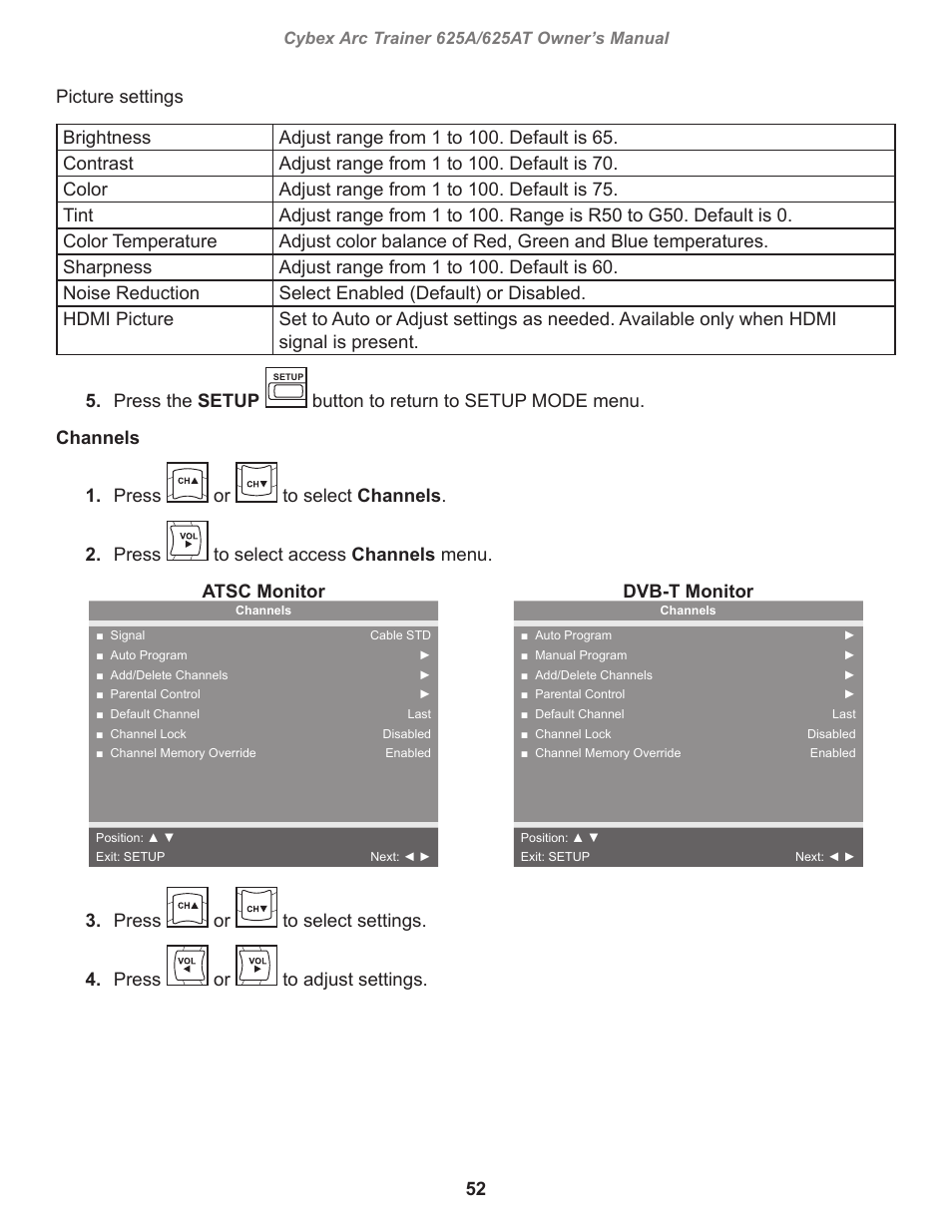 Dvb-t monitor, Press | Cybex 625A Arc Trainer User Manual | Page 52 / 94