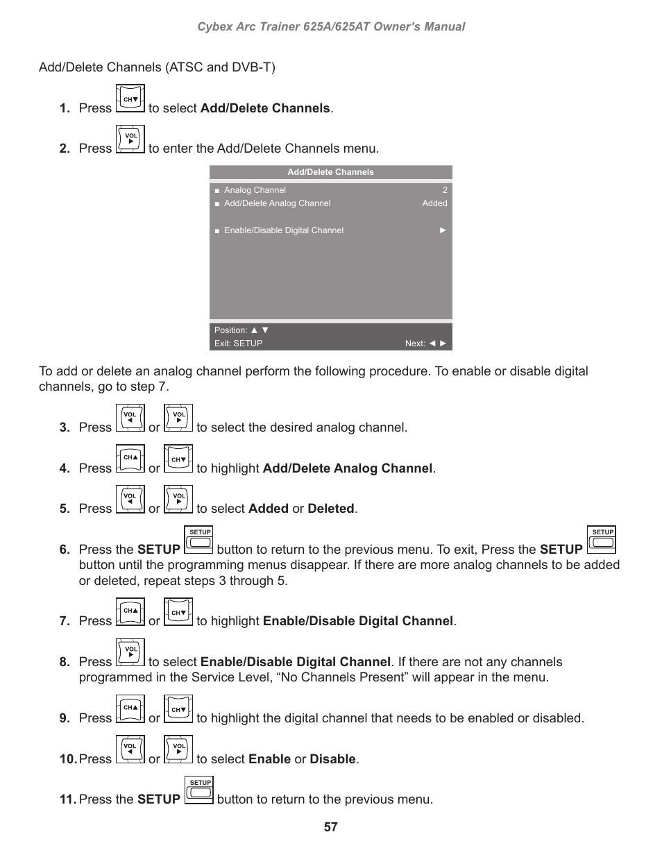 57 add/delete channels (atsc and dvb-t) 1. press, Button to return to the previous menu | Cybex 625A Arc Trainer User Manual | Page 57 / 94