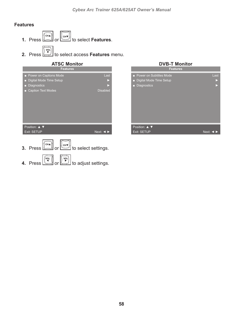 58 features 1. press, Dvb-t monitor, Press | Cybex 625A Arc Trainer User Manual | Page 58 / 94